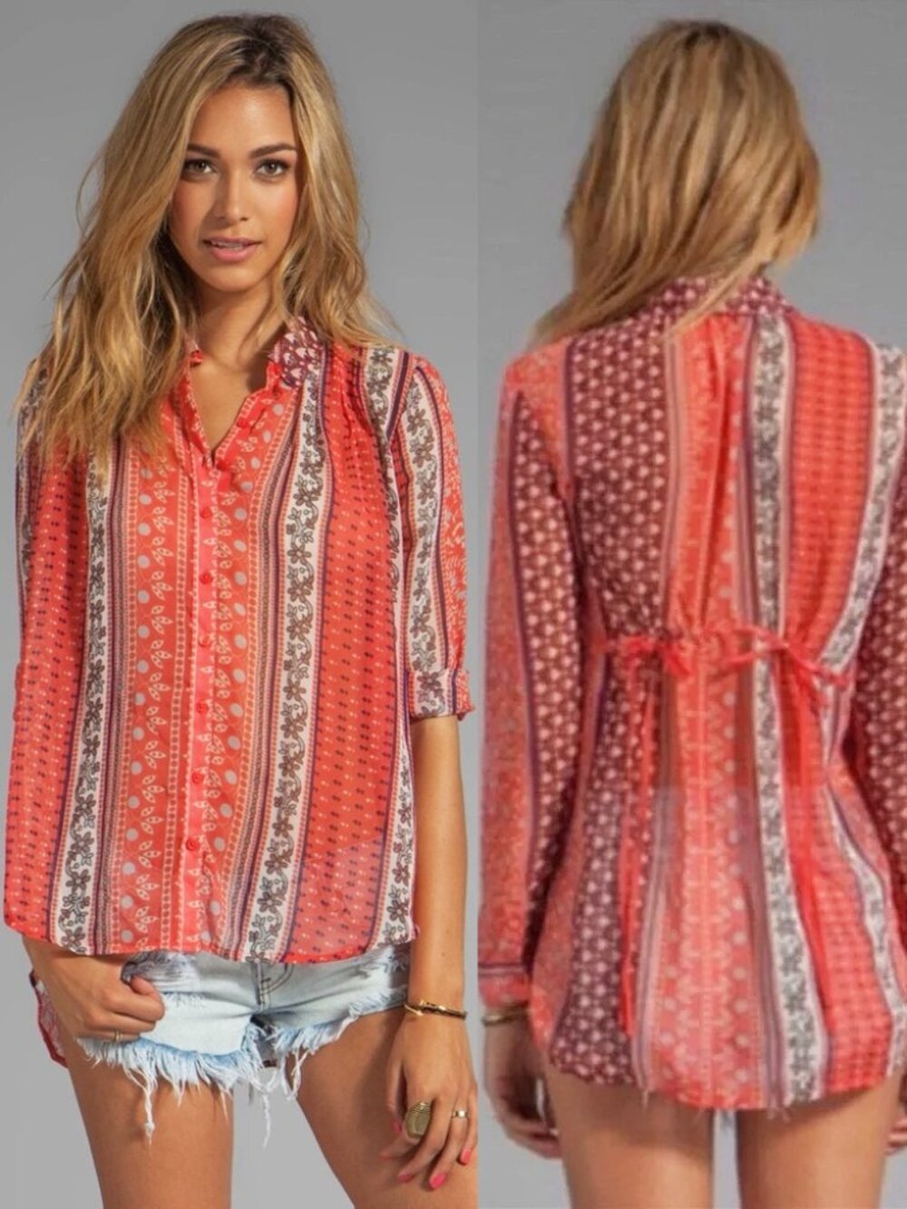 Free People Moonlight Mile Mixed Print Semi-Sheer Tunic Blouse Top Coral S Y2K